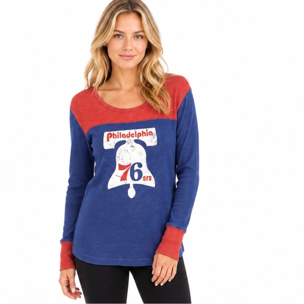 Philadelphia 76ers Womens Top Size 2X Thermal Style Front & Back Distressed Logo